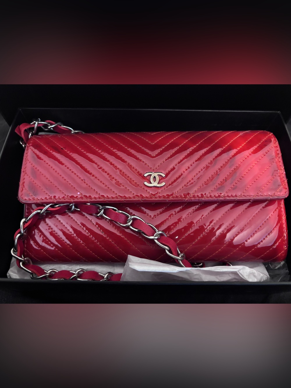 Chanel Red Quilted Patent Leather Wallet on Chain